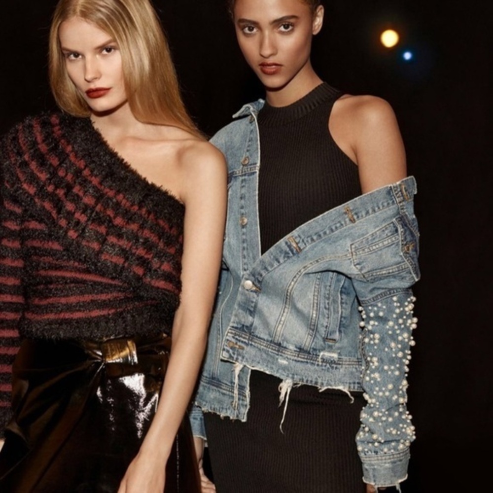NEW Sunset & Spring Distressed Jean Jacket Oversized Pearl Embellished Denim XS - Picture 15 of 16